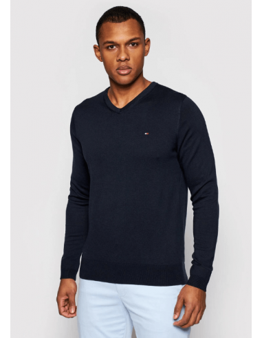 Pull col V Tommy Hilfiger marine coton pima et cachemire 2023