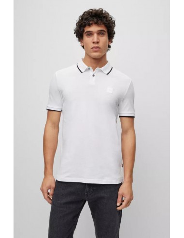 Polo à liserés BOSS blanc en coton stretch pas cher 