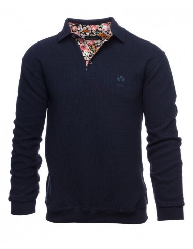 Polo manches longues col fleuri Ethnic Blue marine en coton de votre