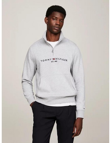 Pull demi zip Tommy Hilfiger gris en coton bio de la marque