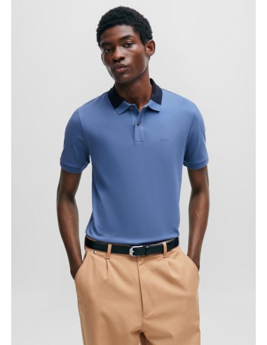 Polo col contrasté BOSS ajusté bleu basket pas cher